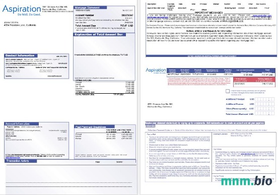 USA Aspiration Bank wyciąg z kredytu hipotecznego w formatach Word i PDF, 3 strony 1-2